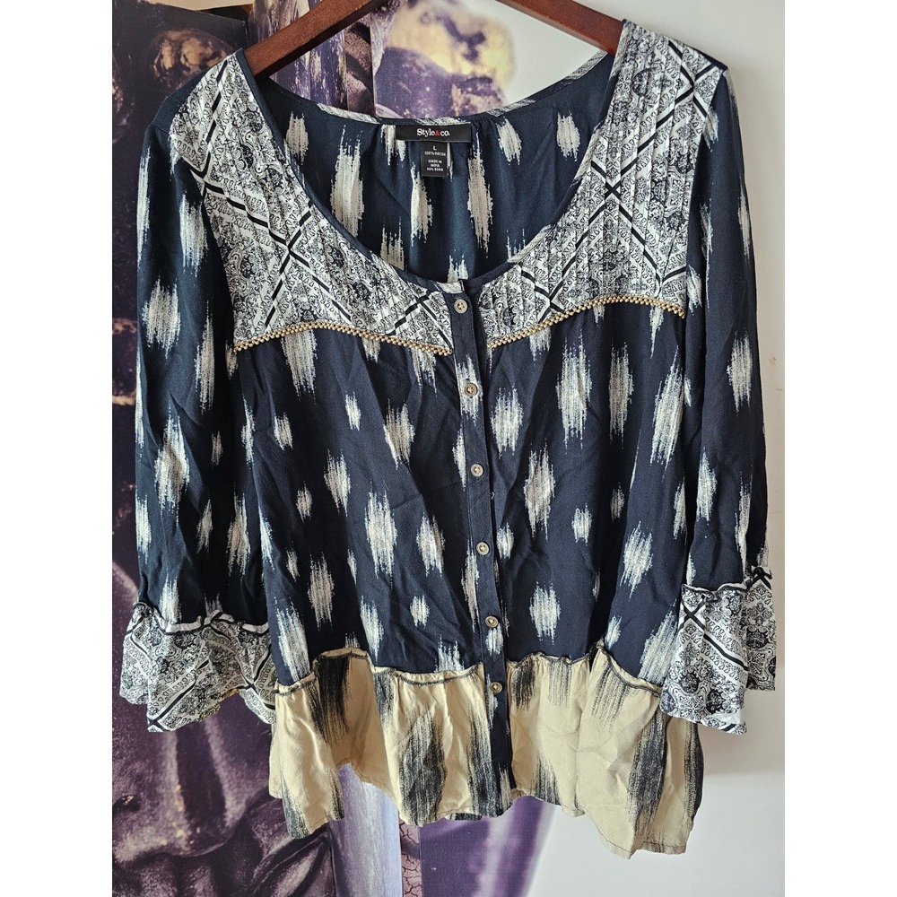 Style & Co Womens Ikat Print Button Front Boho Blouse 3/4 Sleeve L - Picture 2 of 8